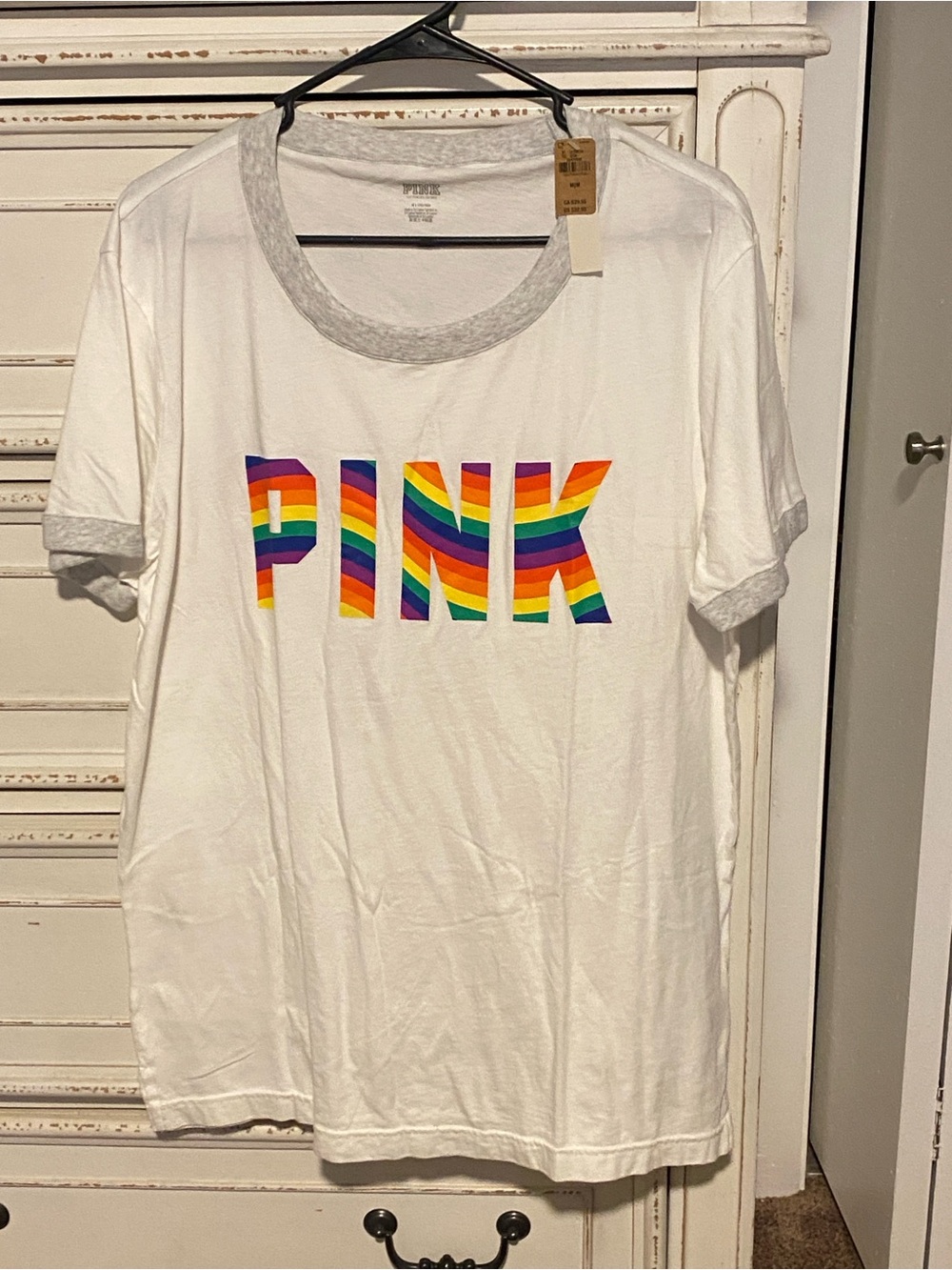 PINK Victoria's Secret White Tee with Rainbow Stripe Logo